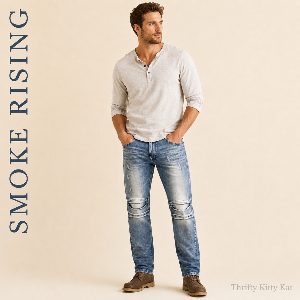 Smoke Rise Distressed Slim Straight Jeans Ripped Knee Moto Light Wash Y2K 34x34